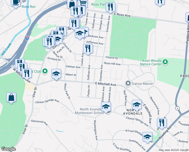 map of restaurants, bars, coffee shops, grocery stores, and more near 4239 Langley Avenue in Cincinnati