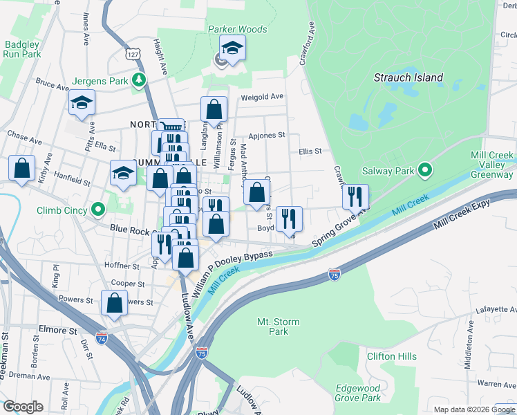 map of restaurants, bars, coffee shops, grocery stores, and more near 4152 Chambers Street in Cincinnati