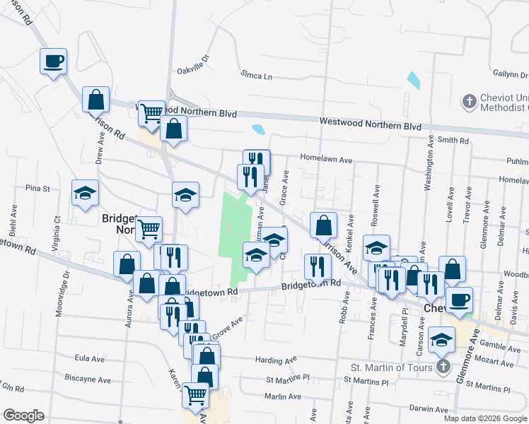 map of restaurants, bars, coffee shops, grocery stores, and more near 4290 Harrison Avenue in Cincinnati