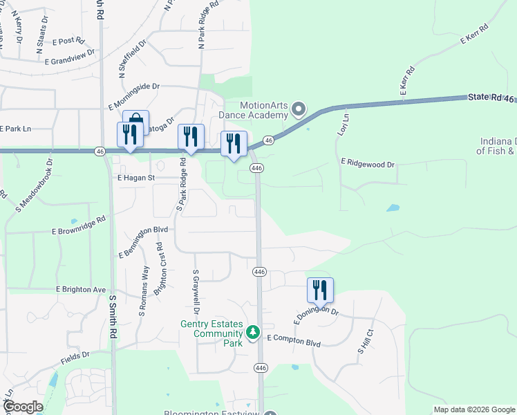 map of restaurants, bars, coffee shops, grocery stores, and more near 4500 Falls Creek Drive in Bloomington