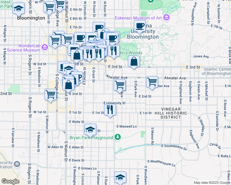 map of restaurants, bars, coffee shops, grocery stores, and more near 422 South Henderson Street in Bloomington