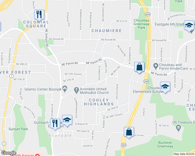 map of restaurants, bars, coffee shops, grocery stores, and more near 3728 North Indiana Avenue in Kansas City