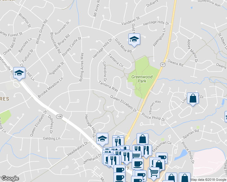 map of restaurants, bars, coffee shops, grocery stores, and more near 18636 Tanterra Way in Brookeville