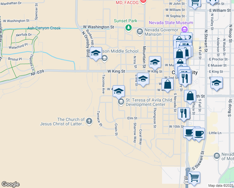 map of restaurants, bars, coffee shops, grocery stores, and more near 424 South Richmond Avenue in Carson City