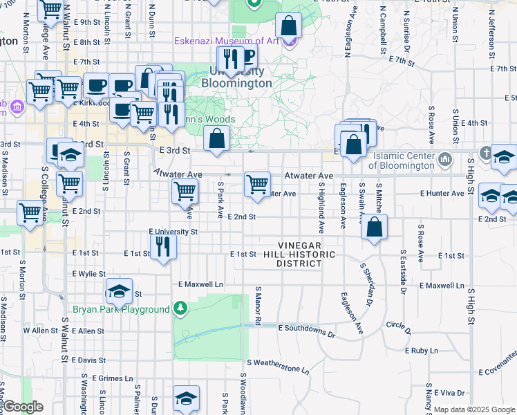 map of restaurants, bars, coffee shops, grocery stores, and more near 909 East 2nd Street in Bloomington