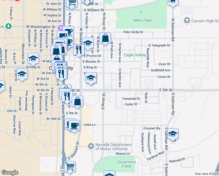 map of restaurants, bars, coffee shops, grocery stores, and more near 860 East 5th Street in Carson City