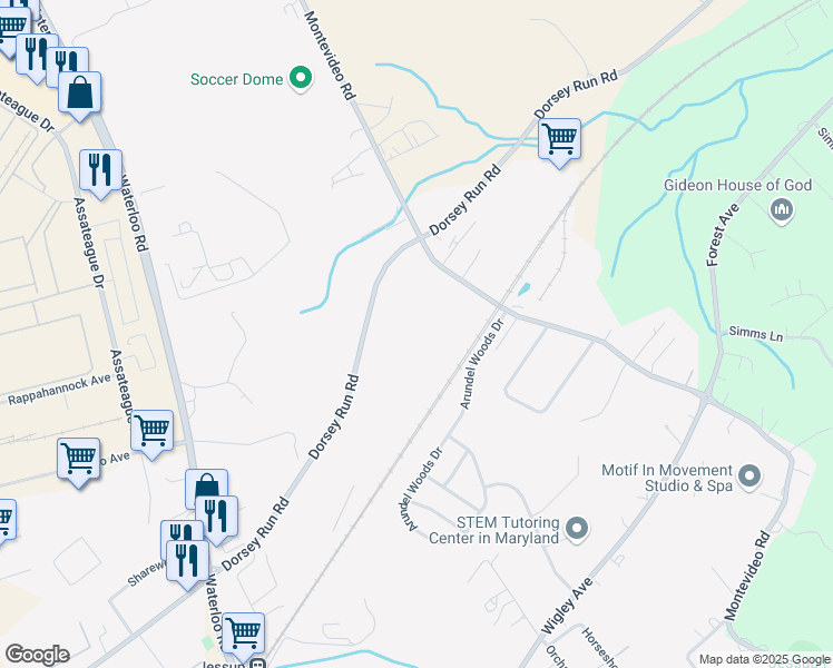 map of restaurants, bars, coffee shops, grocery stores, and more near 7605 Dorsey Run Road in Jessup
