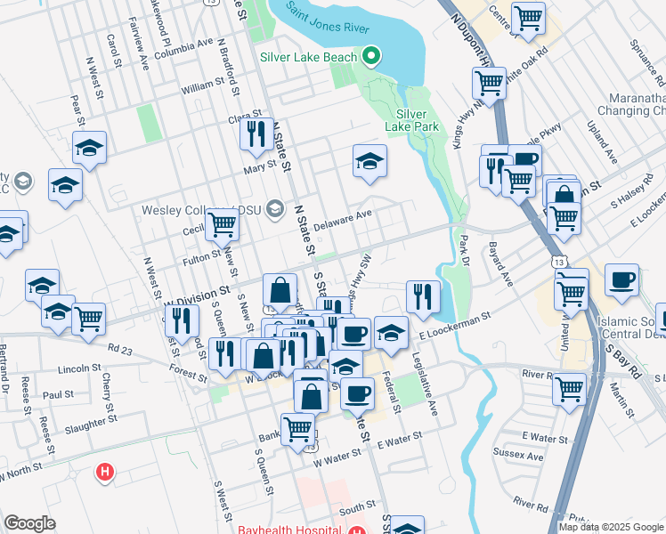 map of restaurants, bars, coffee shops, grocery stores, and more near 98 American Avenue in Dover