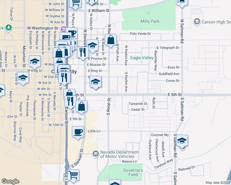 map of restaurants, bars, coffee shops, grocery stores, and more near 860 East 5th Street in Carson City