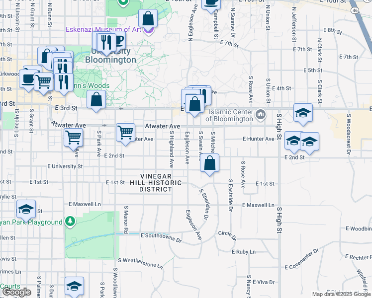 map of restaurants, bars, coffee shops, grocery stores, and more near 1310 East Hunter Avenue in Bloomington