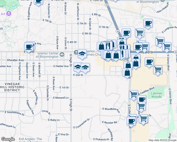 map of restaurants, bars, coffee shops, grocery stores, and more near 2305 East 2nd Street in Bloomington