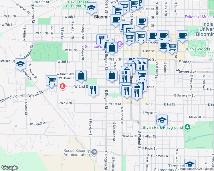 map of restaurants, bars, coffee shops, grocery stores, and more near 411 West Howe Street in Bloomington