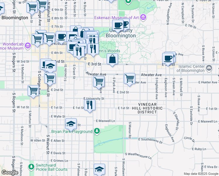 map of restaurants, bars, coffee shops, grocery stores, and more near 726 East Hunter Avenue in Bloomington