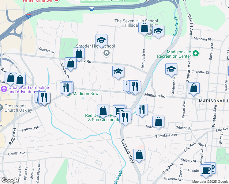 map of restaurants, bars, coffee shops, grocery stores, and more near 5050 Madison Road in Cincinnati