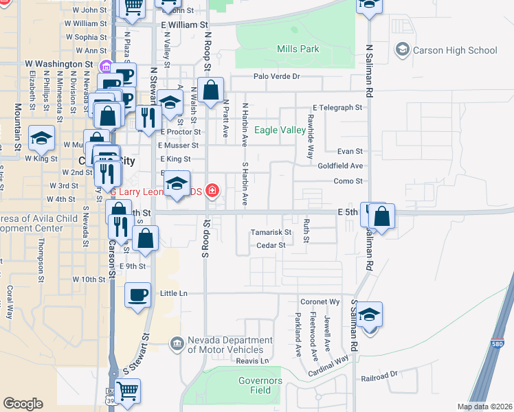 map of restaurants, bars, coffee shops, grocery stores, and more near 229 South Harbin Avenue in Carson City