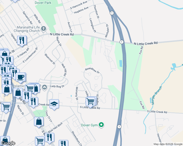 map of restaurants, bars, coffee shops, grocery stores, and more near 118-126 Roundtree Drive in Dover