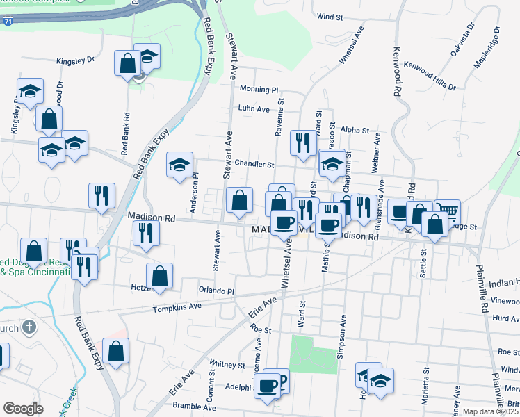 map of restaurants, bars, coffee shops, grocery stores, and more near 5109 Ravenna Street in Cincinnati