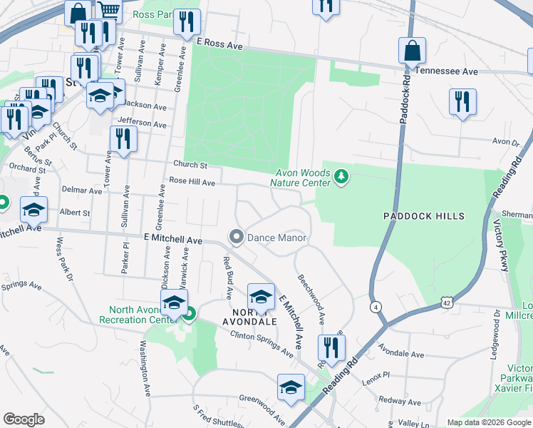 map of restaurants, bars, coffee shops, grocery stores, and more near 4216 Red Bud Place in Cincinnati