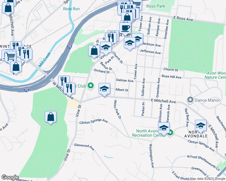 map of restaurants, bars, coffee shops, grocery stores, and more near 4236 Bertus Street in Cincinnati