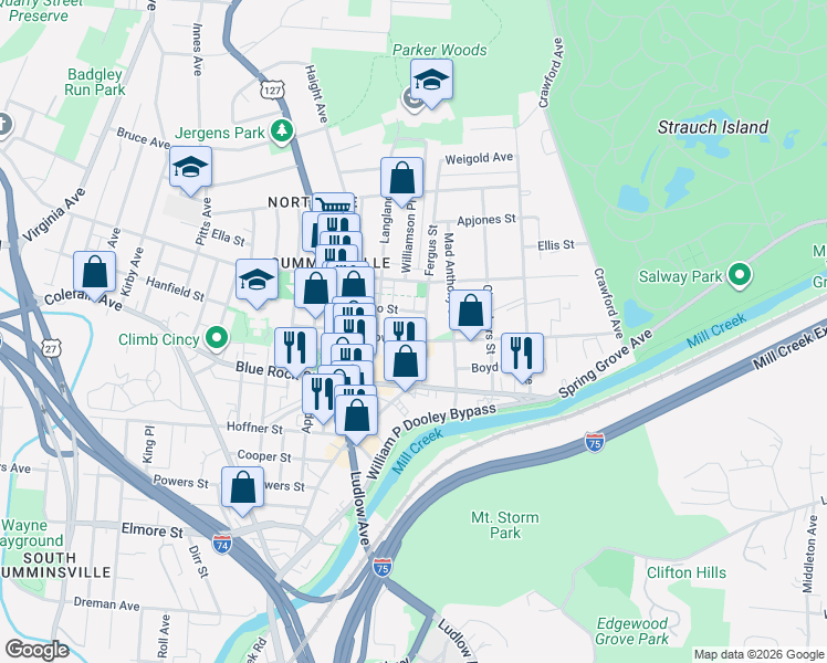 map of restaurants, bars, coffee shops, grocery stores, and more near 1515 Lingo Street in Cincinnati