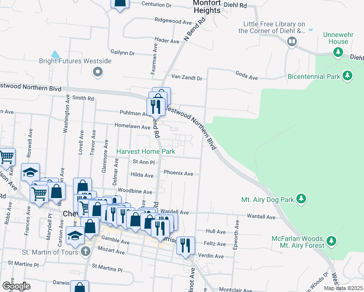 map of restaurants, bars, coffee shops, grocery stores, and more near 3325 Camvic Terrace in Cheviot