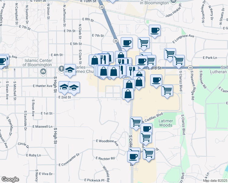 map of restaurants, bars, coffee shops, grocery stores, and more near 2623 East 2nd Street in Bloomington