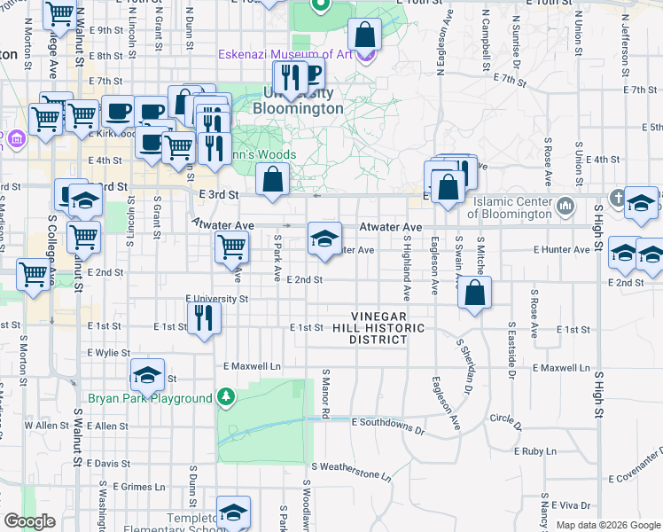 map of restaurants, bars, coffee shops, grocery stores, and more near 936-998 East Hunter Avenue in Bloomington
