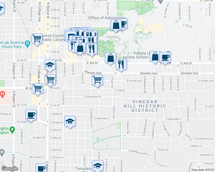 map of restaurants, bars, coffee shops, grocery stores, and more near 726 East Hunter Avenue in Bloomington