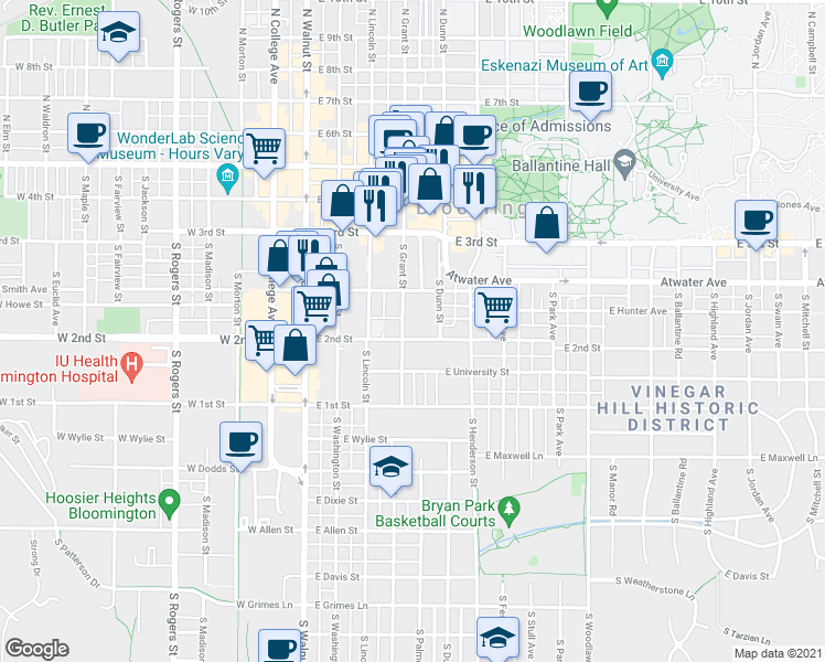 map of restaurants, bars, coffee shops, grocery stores, and more near 430 South Dunn Street in Bloomington