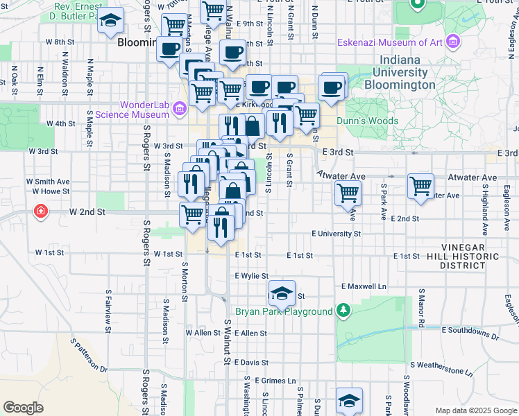 map of restaurants, bars, coffee shops, grocery stores, and more near 415 South Washington Street in Bloomington