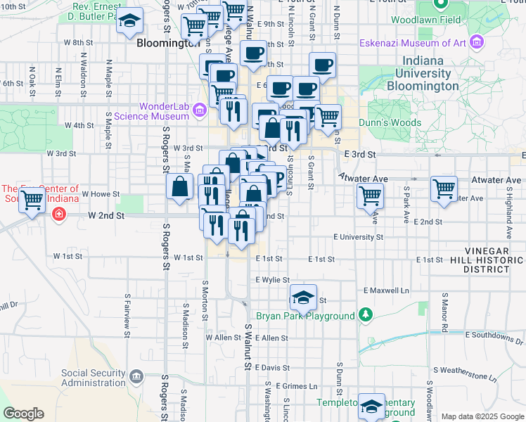 map of restaurants, bars, coffee shops, grocery stores, and more near 413 South Walnut Street in Bloomington