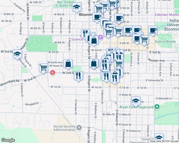 map of restaurants, bars, coffee shops, grocery stores, and more near 411 West Howe Street in Bloomington