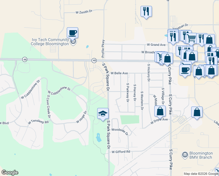 map of restaurants, bars, coffee shops, grocery stores, and more near 513 South Park Square Drive in Bloomington