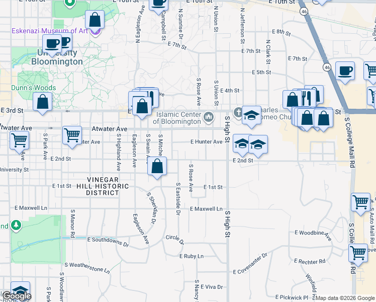 map of restaurants, bars, coffee shops, grocery stores, and more near 1700-1780 East Hunter Avenue in Bloomington