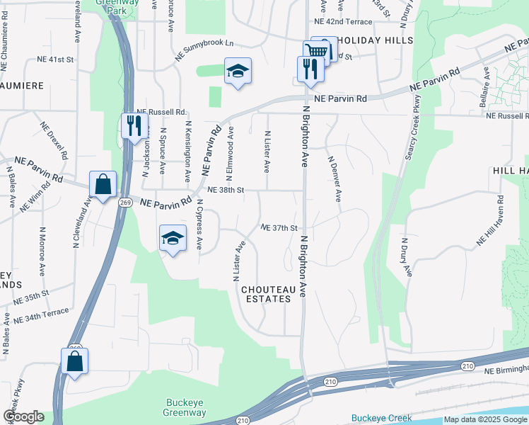 map of restaurants, bars, coffee shops, grocery stores, and more near 3715 North Lister Avenue in Kansas City