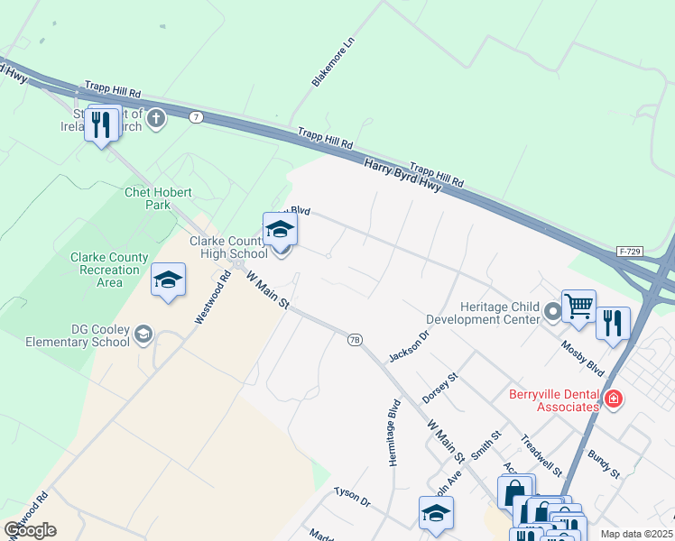 map of restaurants, bars, coffee shops, grocery stores, and more near 76 Williamstead Lane in Berryville