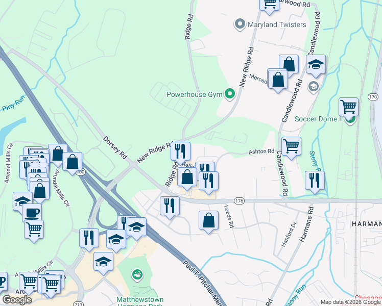 map of restaurants, bars, coffee shops, grocery stores, and more near 7467 Ridge Road in Hanover