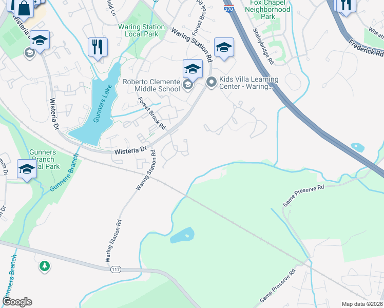 map of restaurants, bars, coffee shops, grocery stores, and more near 12029 Winding Creek Way in Germantown