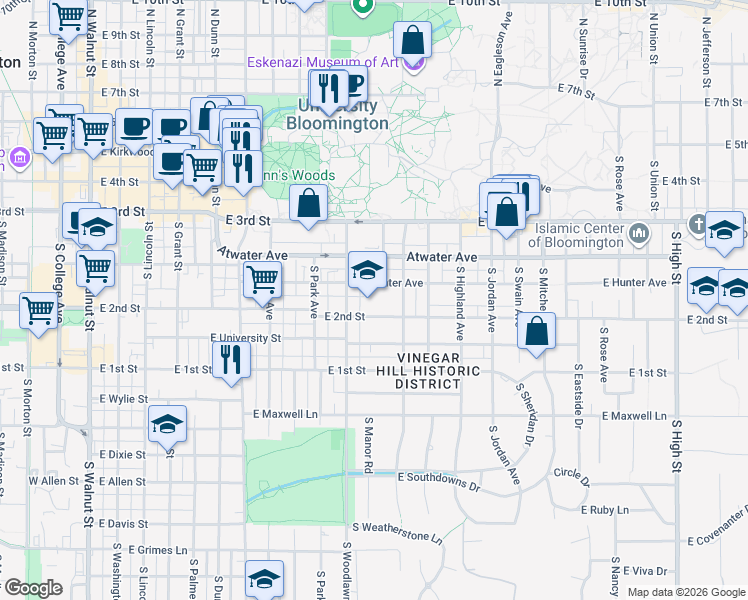 map of restaurants, bars, coffee shops, grocery stores, and more near 909 East 2nd Street in Bloomington