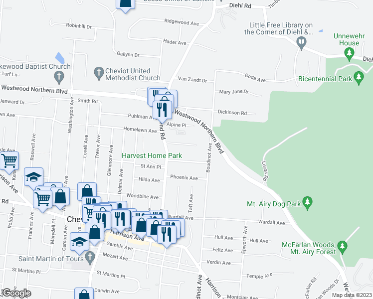 map of restaurants, bars, coffee shops, grocery stores, and more near 3325 Camvic Terrace in Cheviot