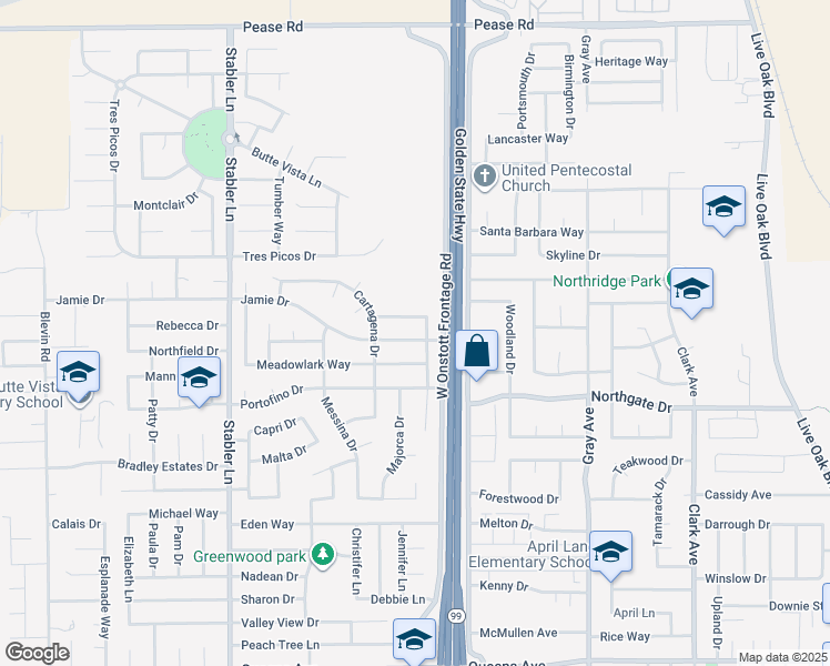 map of restaurants, bars, coffee shops, grocery stores, and more near 2040 Pheasant Drive in Yuba City
