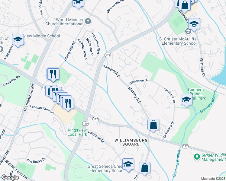 map of restaurants, bars, coffee shops, grocery stores, and more near 18738 Harmony Woods Lane in Germantown