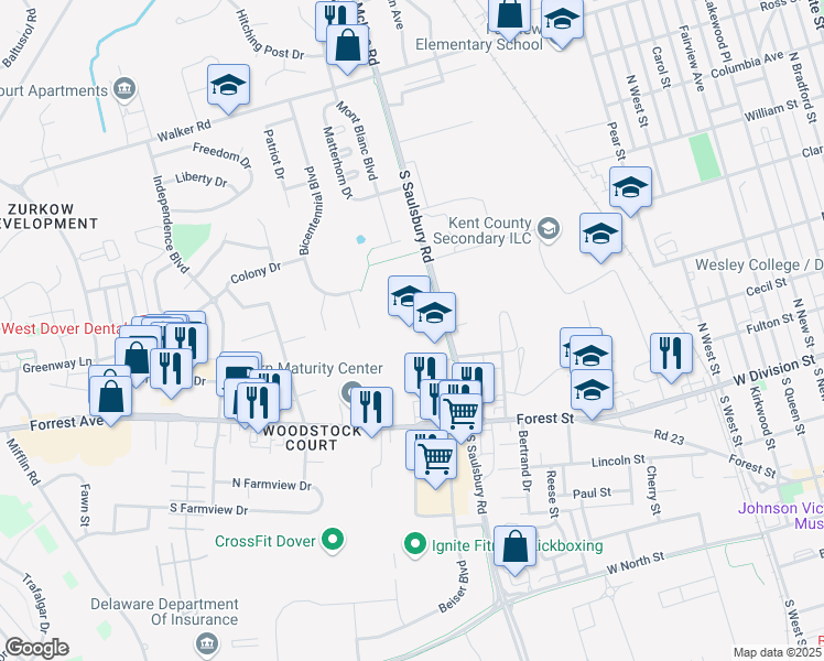 map of restaurants, bars, coffee shops, grocery stores, and more near 104 Saulsbury Road in Dover