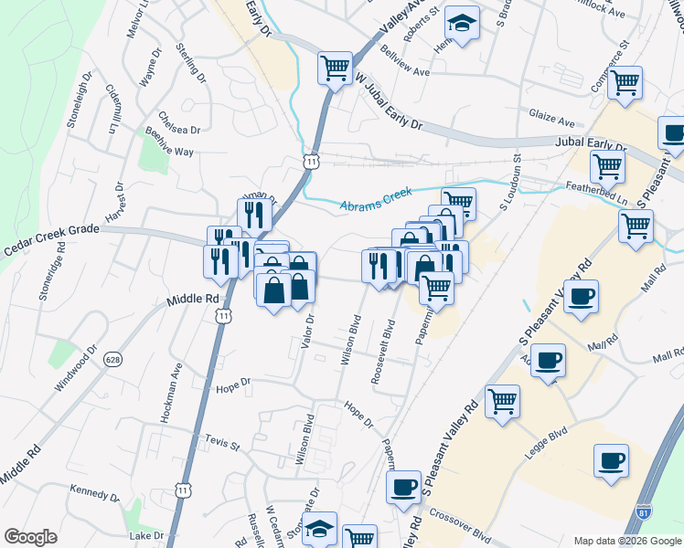 map of restaurants, bars, coffee shops, grocery stores, and more near 216 Weems Lane in Winchester