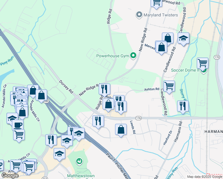 map of restaurants, bars, coffee shops, grocery stores, and more near 7467 Ridge Road in Hanover