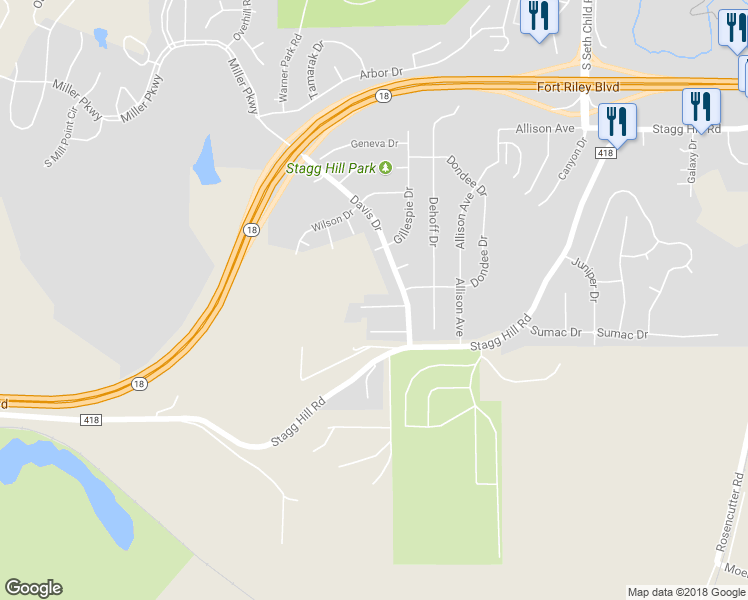 map of restaurants, bars, coffee shops, grocery stores, and more near 3016 Jeanie Lane in Manhattan