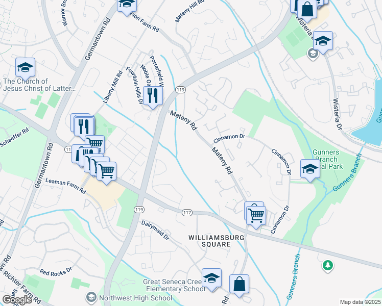 map of restaurants, bars, coffee shops, grocery stores, and more near 18749 Harmony Woods Lane in Germantown