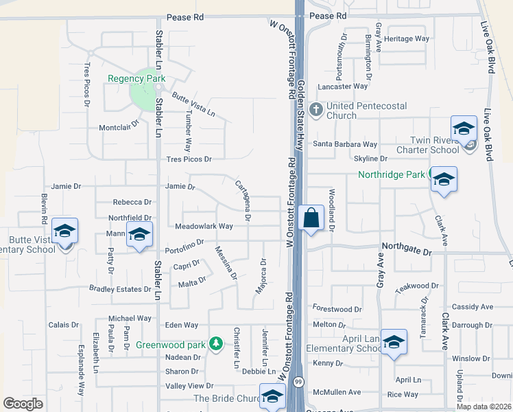 map of restaurants, bars, coffee shops, grocery stores, and more near 1375 Jamie Drive in Yuba City