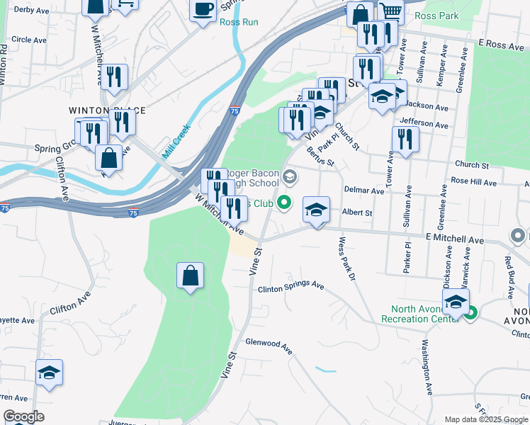 map of restaurants, bars, coffee shops, grocery stores, and more near 4255 Vine Street in Cincinnati