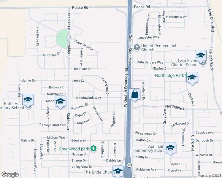 map of restaurants, bars, coffee shops, grocery stores, and more near 2088 Pheasant Drive in Yuba City